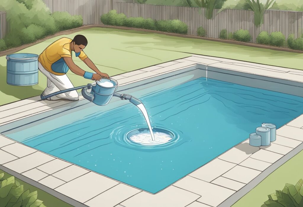 A person pours chlorine granules into a pool, stirring the water to distribute the chemical and raise free chlorine levels