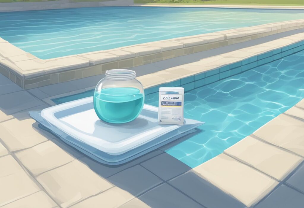 A pool with clear blue water, a test kit floating on the surface, and a bag of calcium hardness increaser nearby