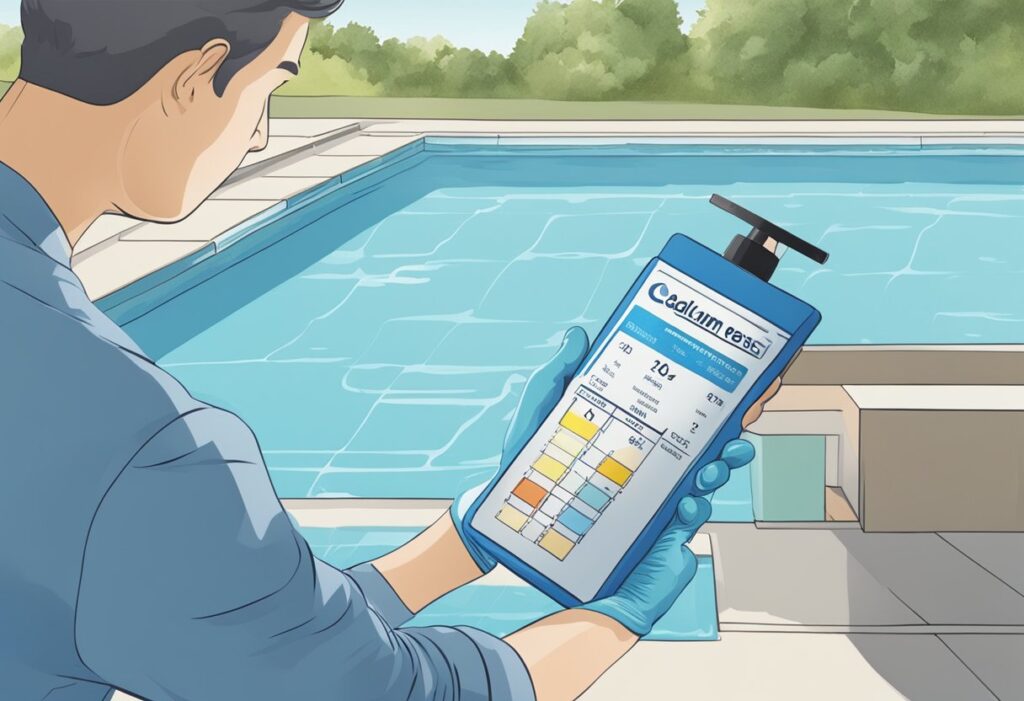 A person adding calcium hardness increaser to a pool while testing the water with a test kit