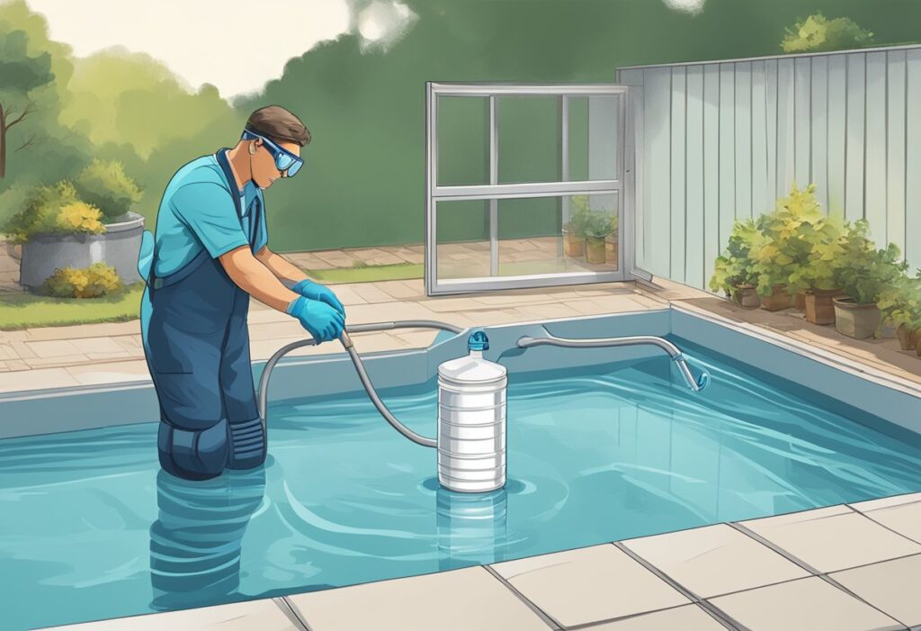 A person pouring muriatic acid into a pool from a safe distance, wearing protective gloves and goggles, with proper ventilation and a well-marked container
