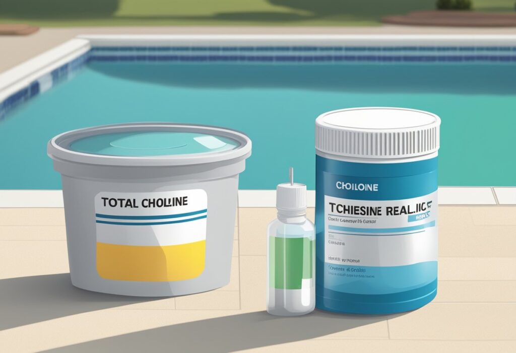 A pool with two separate containers labeled "Total Chlorine" and "Free Chlorine," with test strips and a testing kit nearby