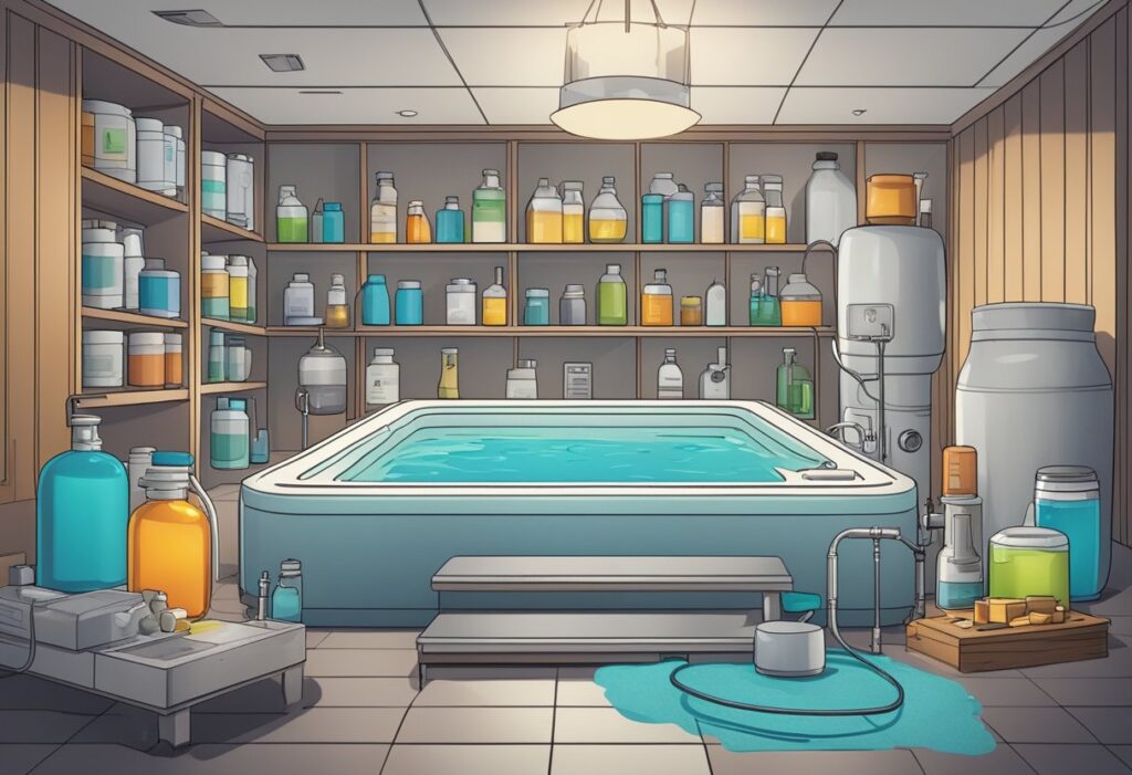 A Jacuzzi surrounded by various chemical containers and testing equipment, with a beginner's guide book open on the side