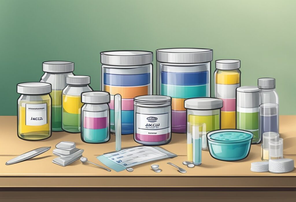 A table with various labeled containers of jacuzzi chemicals, a test strip, and a dosing spoon