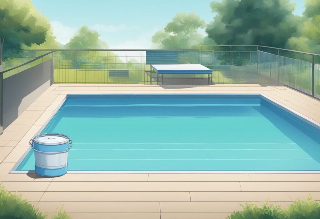 A pool with a cyanuric acid container nearby, a clear blue sky, and a clean pool surface with no visible debris