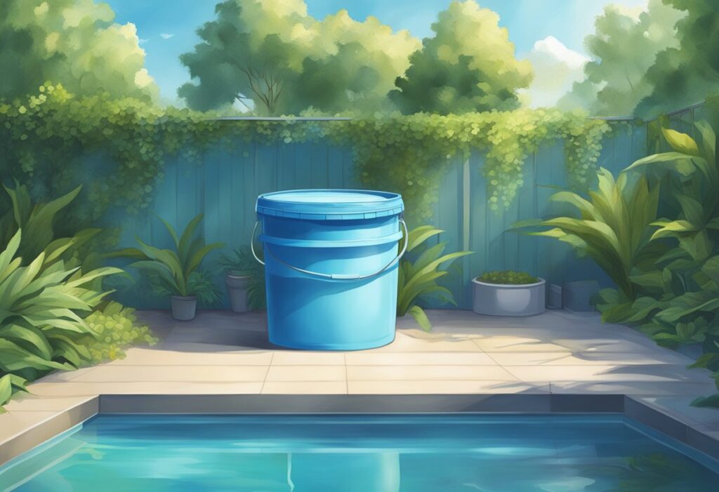 A clear blue pool with a container of cyanuric acid nearby, surrounded by sunny skies and greenery