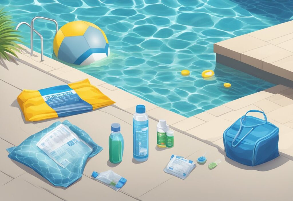 A sparkling pool with clear blue water, a test kit floating on the surface, and a bag of phosphate remover nearby