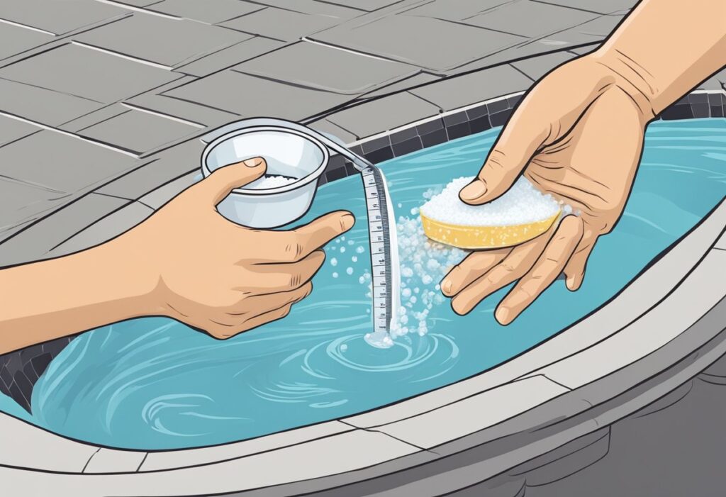 A hand holding a measuring cup pours salt into a pool, following recommended guidelines