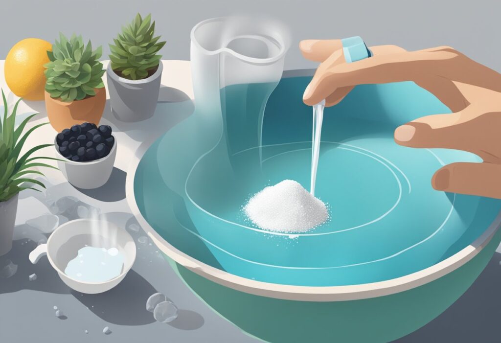A hand pours salt into a pool, measuring cup in the other