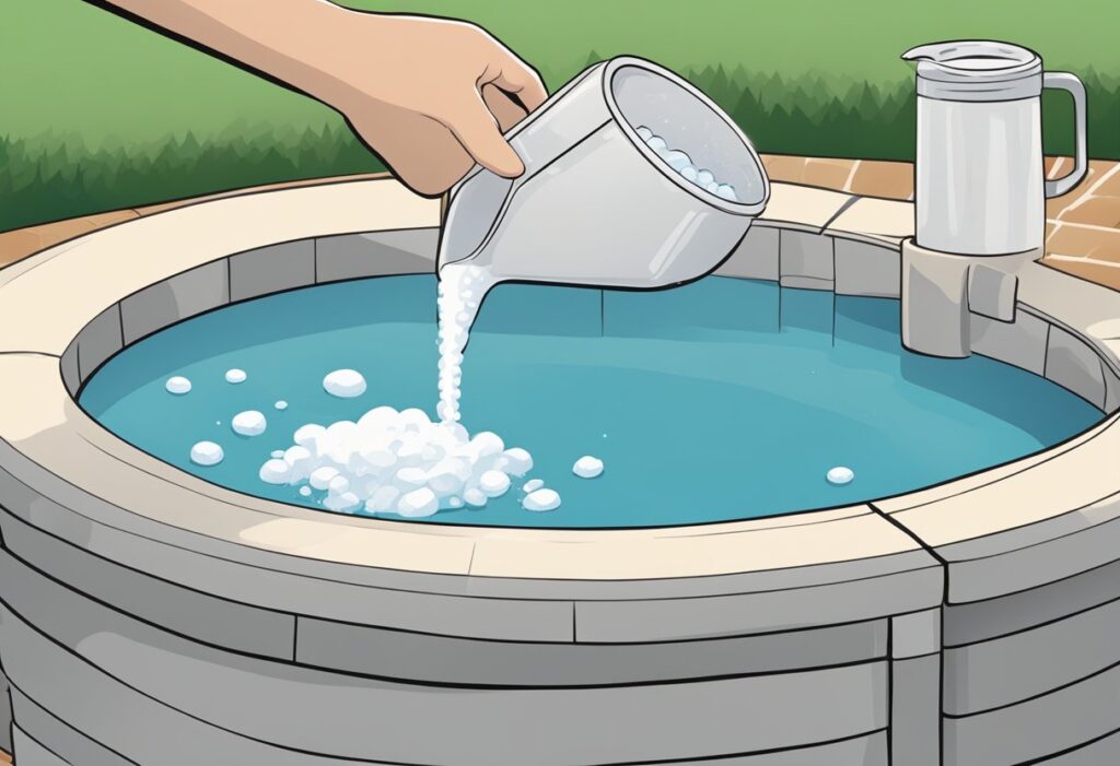 A hand pouring salt into a pool, following a recommended measurement guide