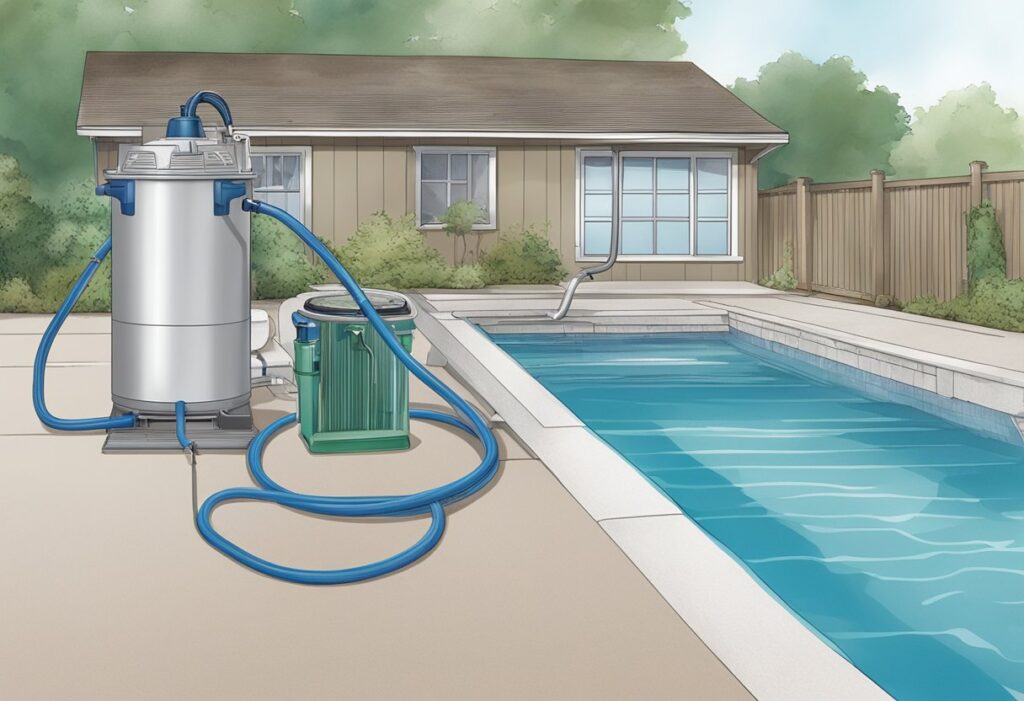A vacuum hose attached to a pool skimmer, with a pump running and water being sucked into the filtration system