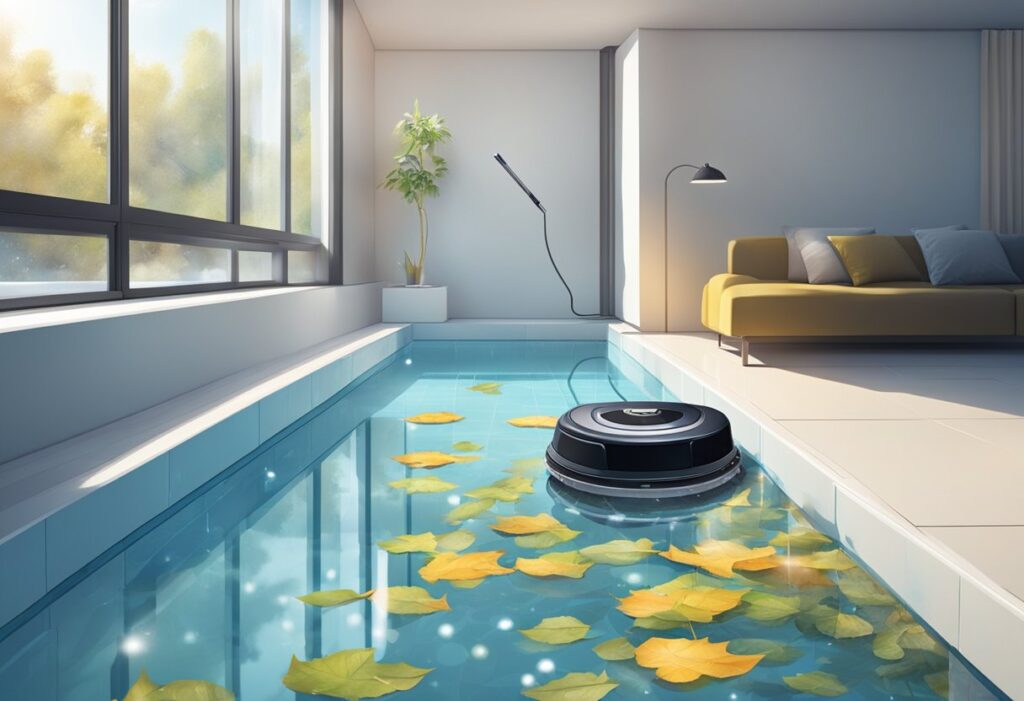 A robotic pool vacuum swiftly glides across the pool floor, sucking up debris and leaves, leaving behind a clean and sparkling surface