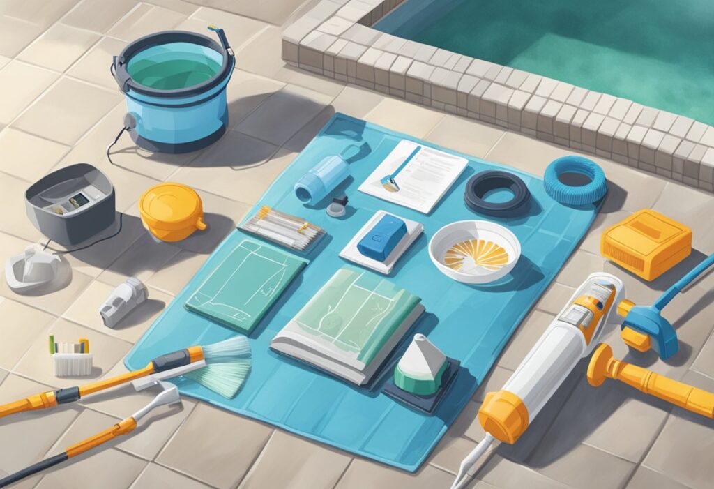 A pool skimmer, brush, vacuum, and test kit lay next to a pool. A beginner's guide book is open nearby