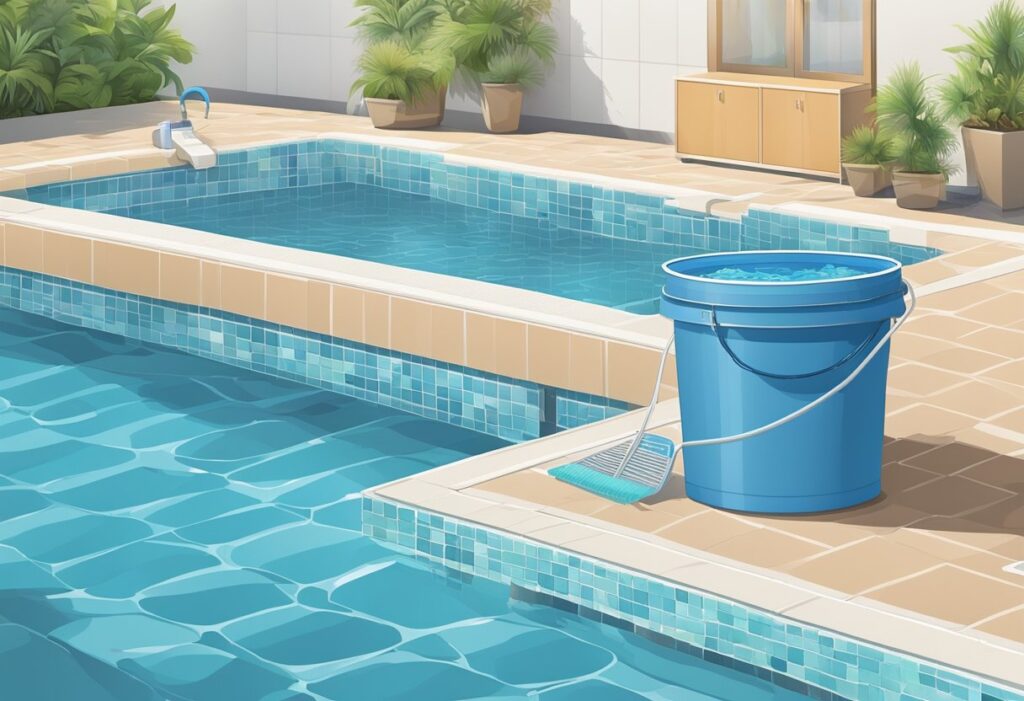 A pool with clear blue water, surrounded by clean and well-maintained tiles. A pool skimmer and vacuum are neatly stored nearby, along with a bucket of chlorine tablets and a water testing kit