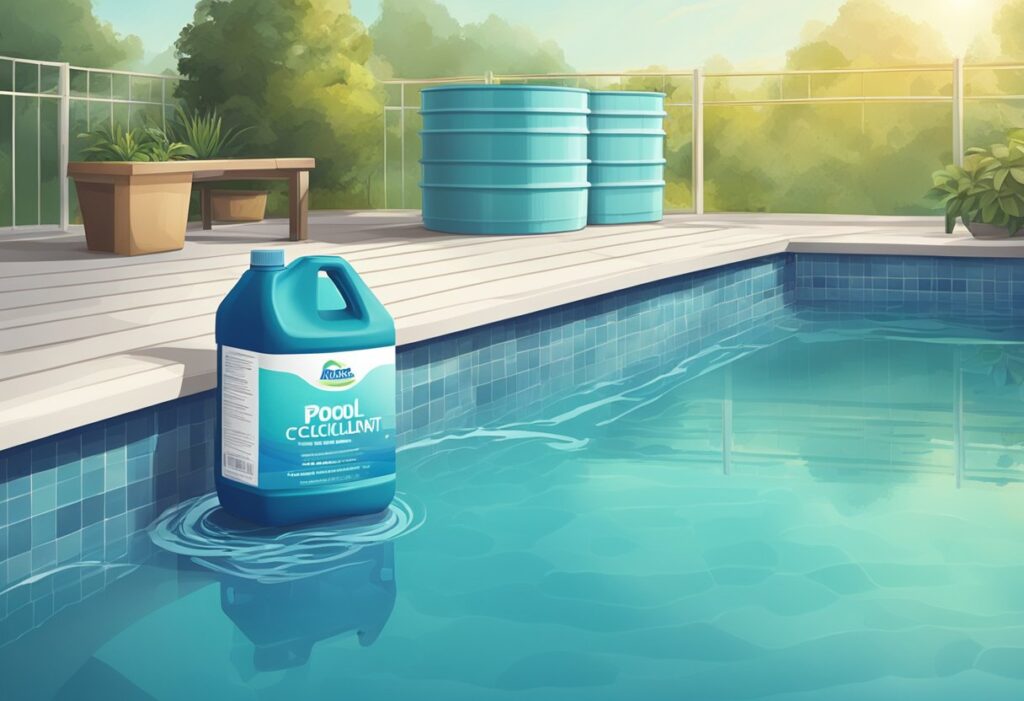 A pool with clear water and a container of pool flocculant next to it, with alternative pool cleaning products in the background