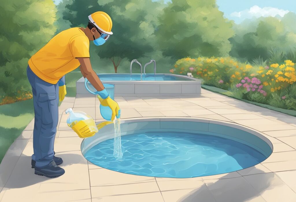 A person adds muriatic acid to a pool, wearing gloves and goggles. They carefully pour the acid into the water, following safety guidelines