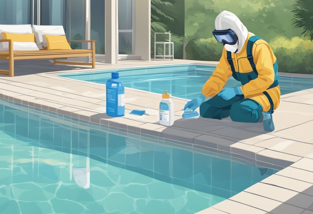 A person adding muriatic acid to a pool while wearing protective gear. A pH testing kit and a bottle of acid are visible on the pool deck